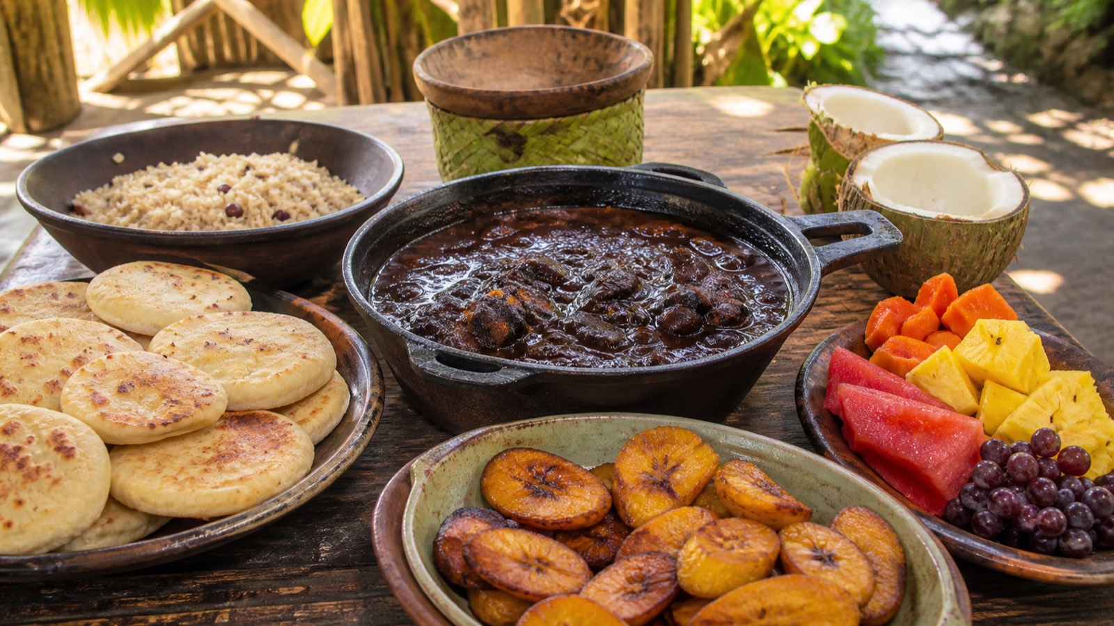 Guyanese meal spread with pepperpot, cassava bread, plantains, and tropical fruit