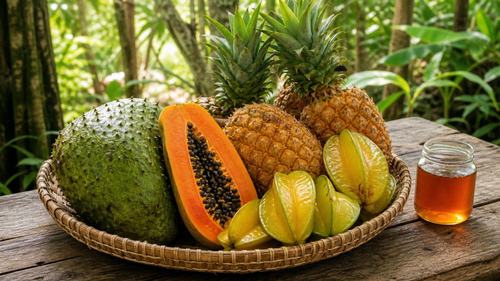 Tropical fruit still life with soursop, papaya, pineapple, and five-finger