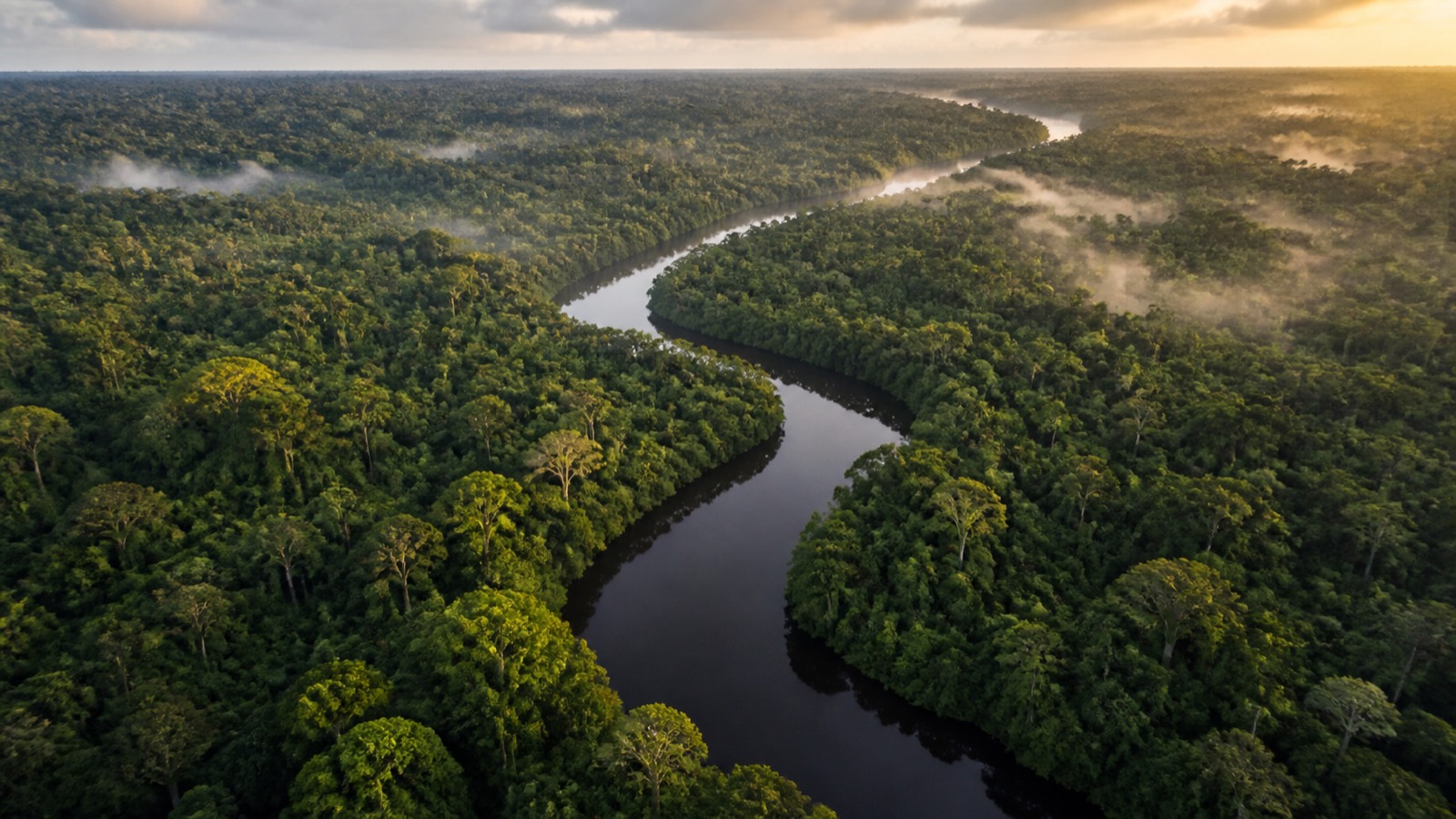 Aerial view of a dark river winding through unbroken Guyana rainforest at golden hour