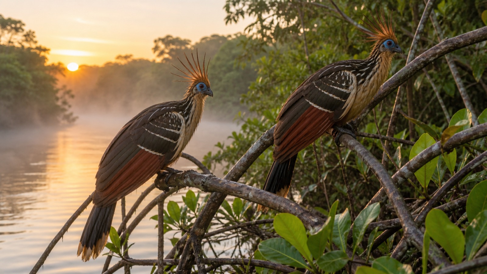 Hoatzin birds perched on mangrove branches over a misty river at sunrise
