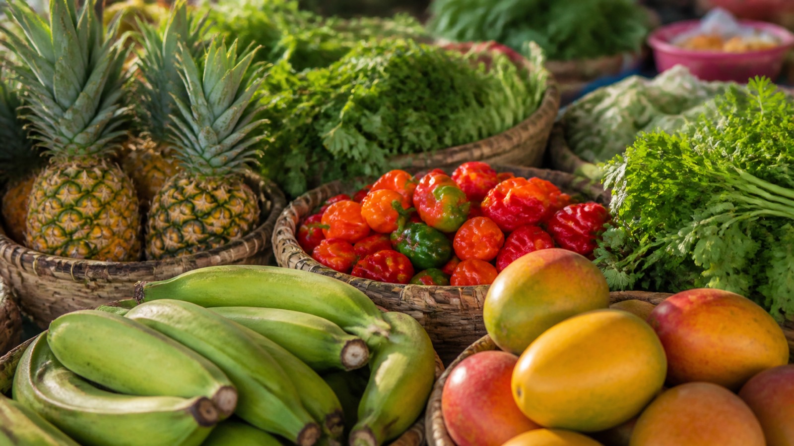 Colourful produce stalls piled with tropical fruit and vegetables at a Guyanese market