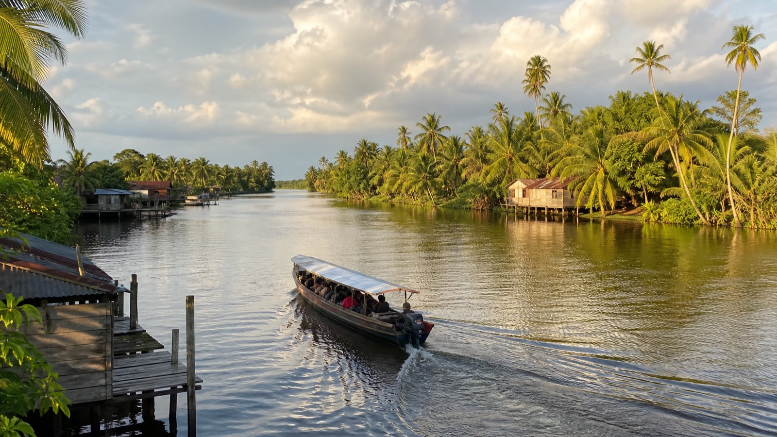 Wooden boat cruising the palm-lined Pomeroon River in late afternoon light