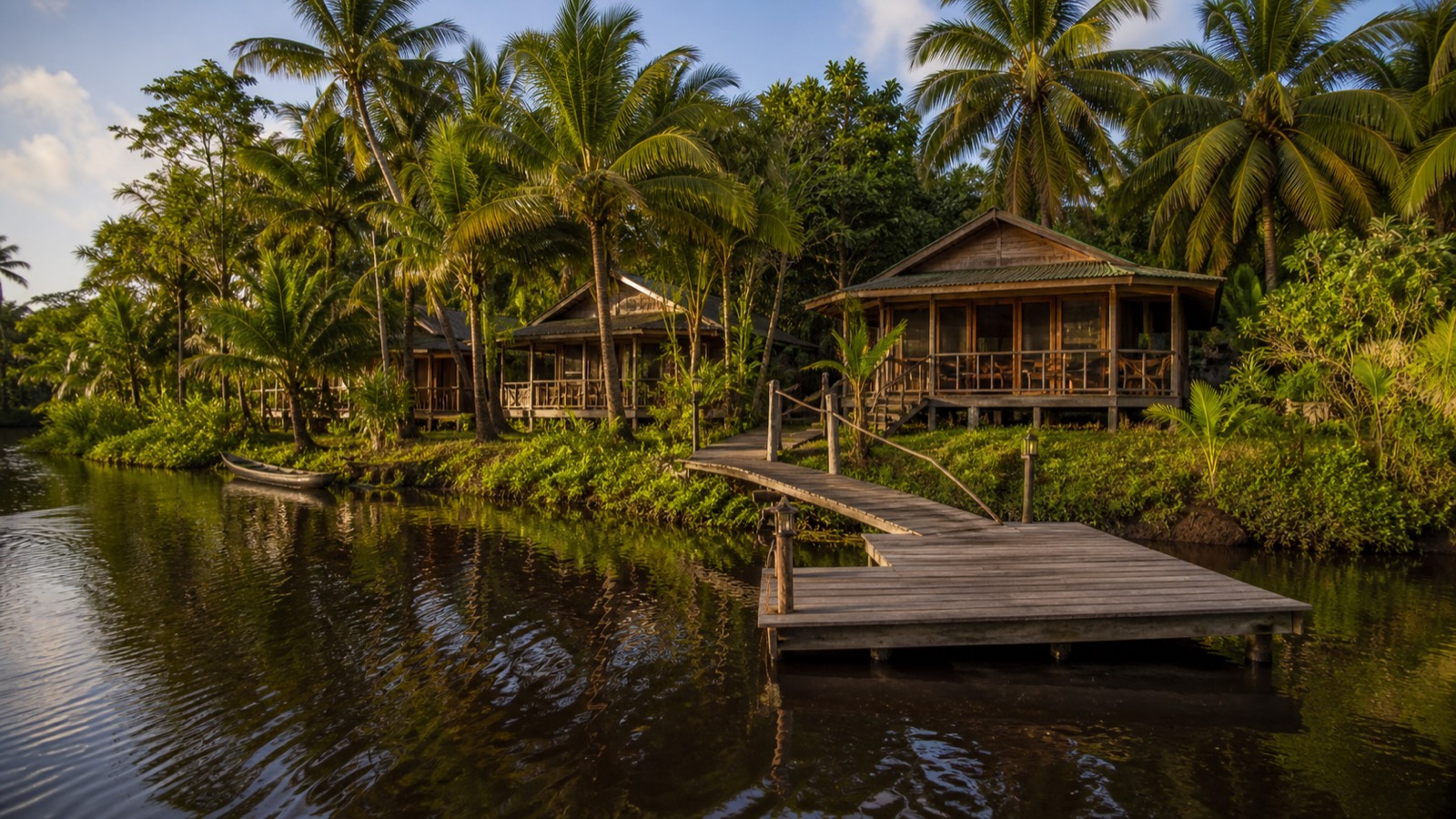 Open-air riverside dining veranda set for a long lunch above the water