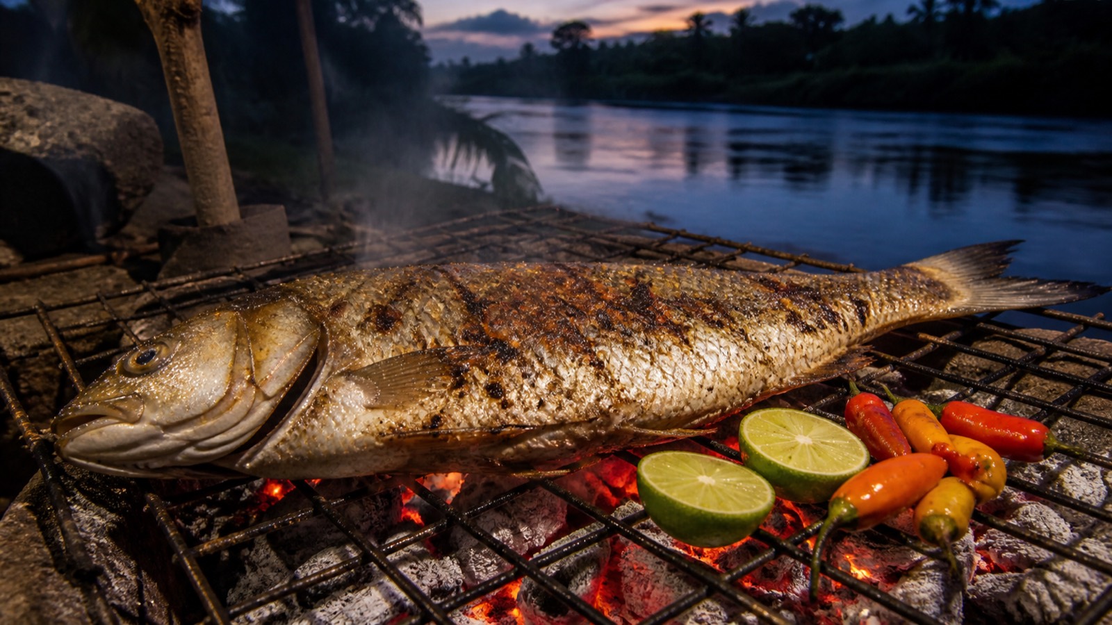 Whole fresh river fish grilling over open coals with lime halves