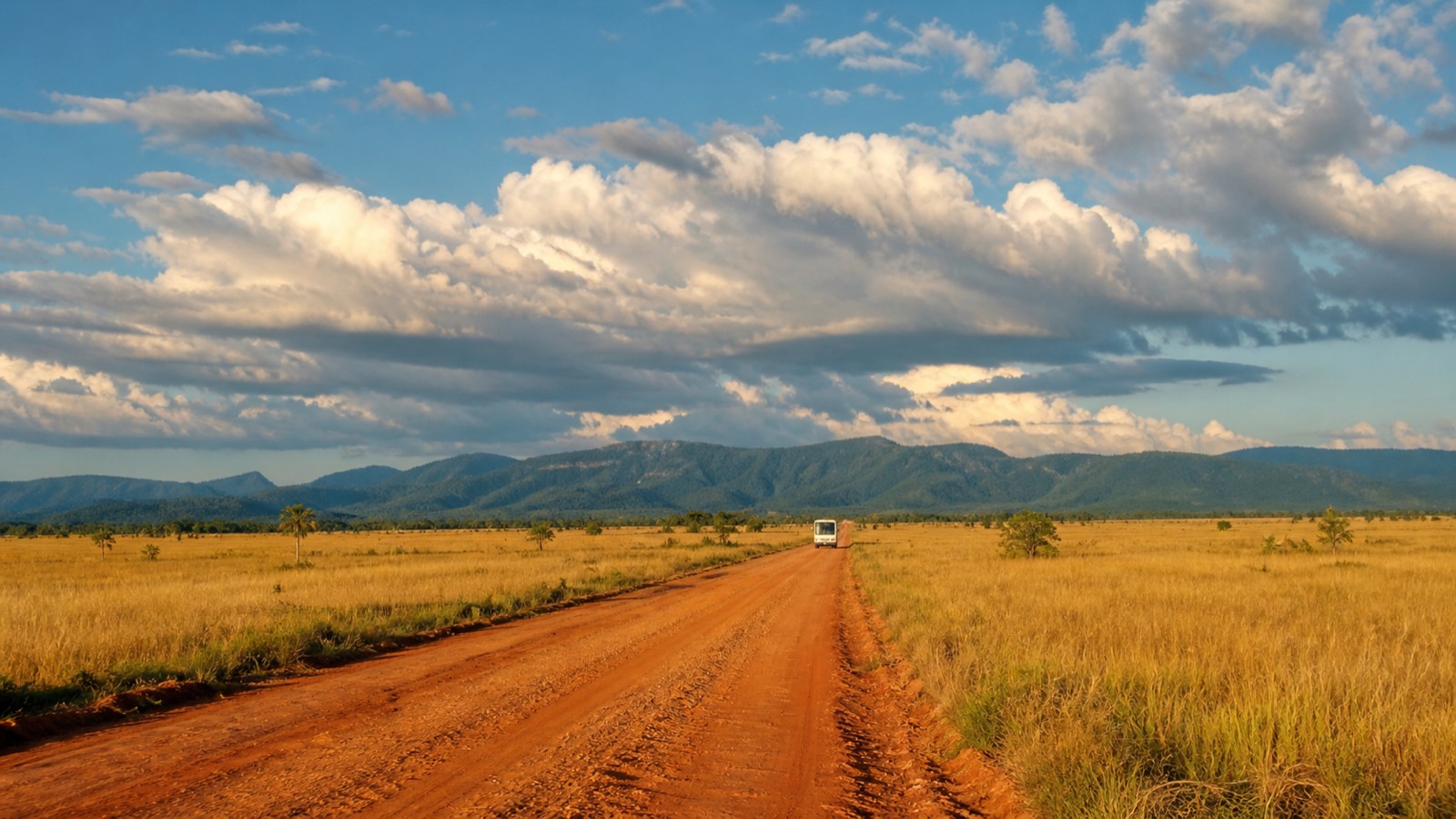 Red-dirt road crossing golden savannah toward distant mountains