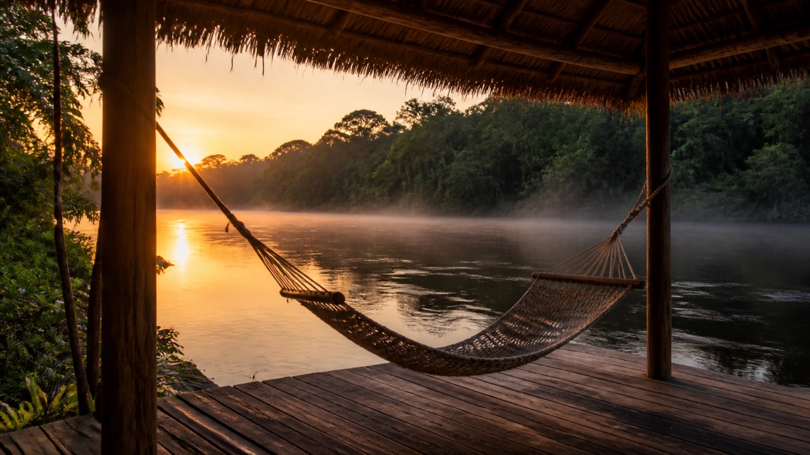 Empty hammock strung on a shaded riverside veranda overlooking calm dark water