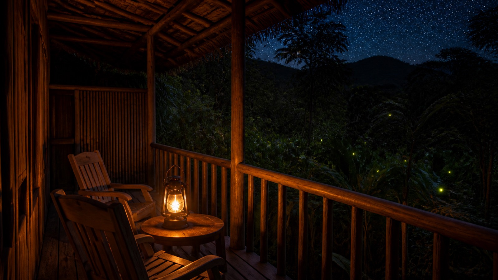 Wooden veranda with two chairs facing a still river in soft morning light